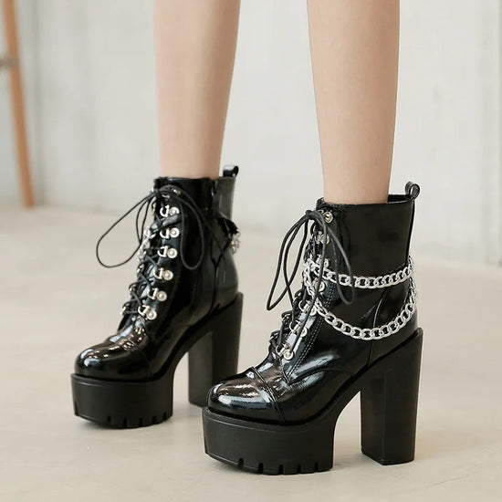 2025 Women's Black Gothic High Heel Ankle Boots Sexy Chain Punk Style Patent Leather Platform Boots Lace Up Motorcycle Boots