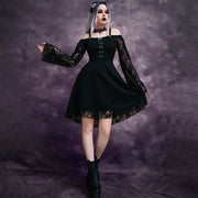 Gothic Punk Girls Midi Dress Sexy Lace Patchwork Long Flare Sleeve Dress Women Harajuku Cold Shoulder Strappy Halloween Sundress