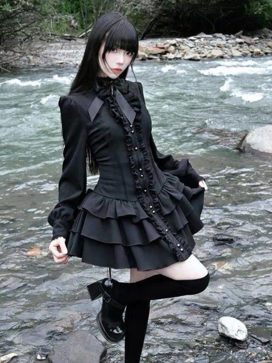 Gothic Subculture Vintage Black Dress Women Autumn Lace Long Sleeve Slim New Dresses Design Darkly Y2k A-line Hot Girl Clothes