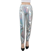 Women's Mid Waist Solid Colour Shiny Glossy Sweatpants Nine Minute Pants Fashion hip-hop trousers Disco Bottoms