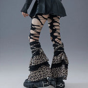 Gothic Leopard Print Lace-up Leggings Leg Warmers Punk Stocking Calf Socks Sexy Party Long Spliced Leggings Women's Socks