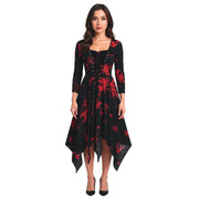 Gothic Tie-dye Dress Lace Up Long Sleeve Drree For Women Polyester Fabric Irregular Hem Performance Dress Halloween Costumes