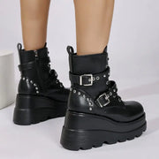 New Women's Pu Leather Ankle Boots Women Autumn Winter Round Toe Lace Up Shoes Woman Motorcycle Platform Botas Gothic Shoes