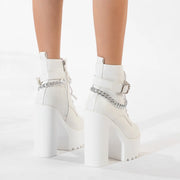 Gdgydh Women's Chain Decor Block Heeled Boots Fashion Lace Up Side Zipper Platform Boots Stylish Ankle Boots High Heels