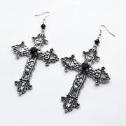 Goth Large Detailed Cross Black Drill Jewel Earrings Silver Color Gothic Punk Jewellery Fashion Gorgeous Statement Women Gift