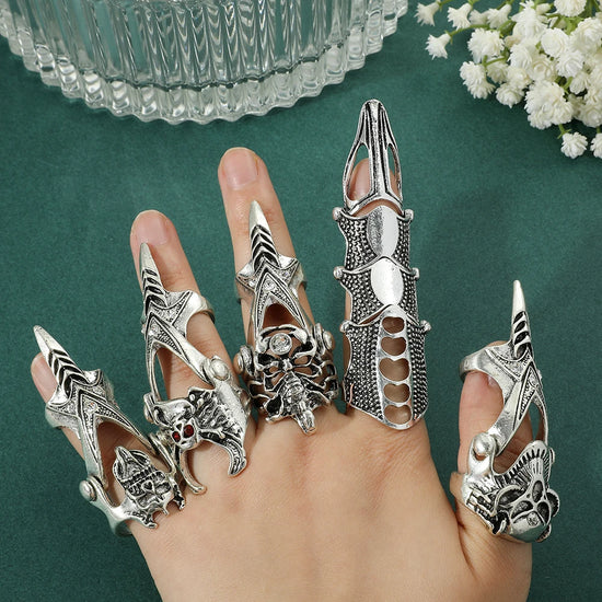 Gothic Punk Ring Rock Scroll Joint Armor Knuckle Metal Full Finger Claw Rings Halloween Unisex Adjustable Ring Vintage Jewelry