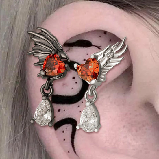 1pc Ear Bone Earring For Women Girls Vintage Gothic Cool Style Black Gold Color Angel Wing Red Zircon Piercing Tragus Jewelry