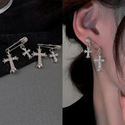 Goth Style Inlaid Rhinestone Clip Pendent Cross Stud Earrings For Lady Personality Versatile Daily Temperament Earrings Jewelry