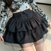 Korean Fashion High Waist Cake Skirts Women Sexy Gothic Punk Black Y2K Skirts Female Lace-Up Students Ruffles A-Line Skirt