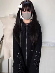 Gothic Subculture Black Lace Loose Hoodie Women's Autumn Aesthetic Lovely Long Sleeve Hooded Coat Casual Warm Winter Overcoat