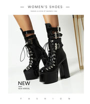 Gothic Style Black Platform Boots Bat Wings Sexy Clube Night Modern Boots Women Mid Calf Ankel Buckle Strap Plus Size 46