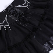 Gothic Skirt Sexy Cute Black Mini Women Drawstring Folds High Waist Irregular Ruffle Patchwork Fairycore Short Skirts Mori Girl
