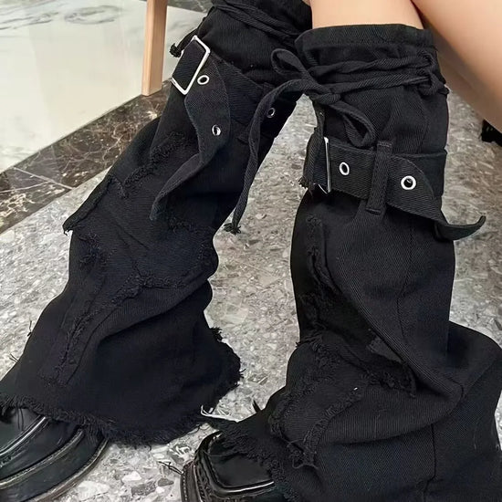 Harajuku Gothic Lolita Cross Spliced Black Flared Leg Warmers Denim Boots Cover Women Grunge Y2k Girl Leggings Knee-Long Socks