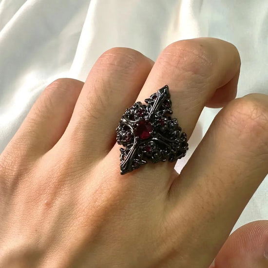 Gothic Style Black Color Cross Inlaid Imitation Ruby Open Ring UNISEX Punk Party Jewelry Ring