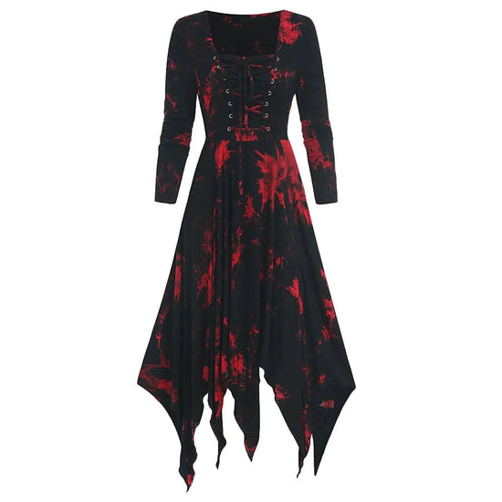 Gothic Tie-dye Dress Lace Up Long Sleeve Drree For Women Polyester Fabric Irregular Hem Performance Dress Halloween Costumes