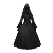Gothic Medieval Dresses Retro Fashion Big Swing Long Sleeve Lace Up Hooded Dress Lace Flare Sleeve Dress Halloween Costumes