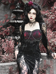 Dark Goth Elegant Mall Gothic Women Evening Dresses Grunge Aesthetic E-girl Velvet Midi Dress Lace Splice Sexy Split Alt Outfits