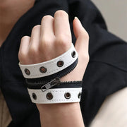 Black Gothic Big Wide Leather Bracelet with Zipper Rivet Wrap Bracelets for Men Women High Quality Button Adjustable Wristbands