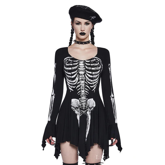 Halloween Gothic Women Dress Long Sleeve High Waist Cosplay Skull Dresses Goth Aesthetic 90s Egirl Sexy Slim Party Holiday Club