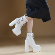 14CM Women Chunky Ankle Boots Leather cosplay Round Toe Platform Knight Boots Shoes High Heels Black White Thick Heel Lace Up
