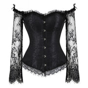 Gothic Corsets for Women Victorian Blouse Tops Off Shoulder Floral Corset Long Sleeves Lace Up Medieval Corset Bustier Black Red