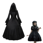 Gothic Medieval Dresses Retro Fashion Big Swing Long Sleeve Lace Up Hooded Dress Lace Flare Sleeve Dress Halloween Costumes