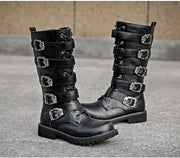 Men's Punk Gothic Biker Boots Tall Harness Buckle Side Zipper Riding Boots for Cosplay Costume Performance Comfortable Black