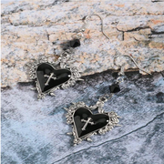 Gothic Style Cross, Heart, Rose Flower, Bow Knot, Thorn Pendant Black Beaded Y2K Hoop Earrings For Women
