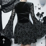 Gothic Long Sleeve Ruffle Mini Dress Women's Vintage V Neck Velvet Stretchy Bodycon Cocktail Dresses Victorian Blouse