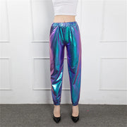 Women's Mid Waist Solid Colour Shiny Glossy Sweatpants Nine Minute Pants Fashion hip-hop trousers Disco Bottoms