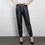 Women's Mid Waist Solid Colour Shiny Glossy Sweatpants Nine Minute Pants Fashion hip-hop trousers Disco Bottoms