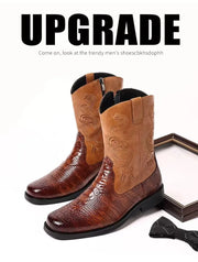 Classic Men's Boots British Retro Riding Boots Man Embossed Leather Embroidery Knight Boots Mid-Calf Style Casual Shoes Man New