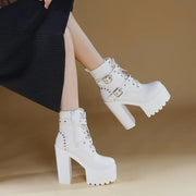 14CM Women Chunky Ankle Boots Leather cosplay Round Toe Platform Knight Boots Shoes High Heels Black White Thick Heel Lace Up