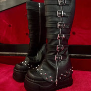 2025 Black Punk Willow Spike Combination Thigh Boot Booster Platform Side Zip Leg Cover Boot