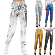Women's Mid Waist Solid Colour Shiny Glossy Sweatpants Nine Minute Pants Fashion hip-hop trousers Disco Bottoms