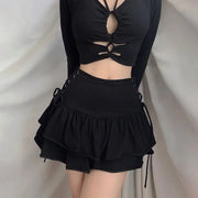 Y2K Black Skirt Women Streetwear Gothic Harajuku Ruffle High Waist Bandage A-line Mini Skirt Goth Punk Grunge Clothes