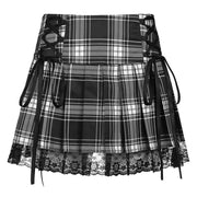 Goth Skirts Summer Y2K Woman Skirts Pink Stripe Plaid Lace Trim Pleated School Plaid Skirt Ladies Aesthetic Tie Up Jupe Femme