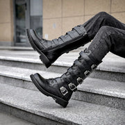 Men's Punk Gothic Biker Boots Tall Harness Buckle Side Zipper Riding Boots for Cosplay Costume Performance Comfortable Black
