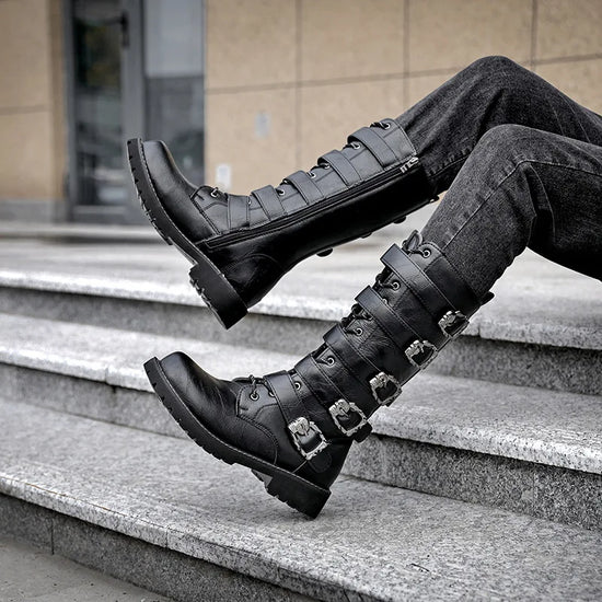 Men's Punk Gothic Biker Boots Tall Harness Buckle Side Zipper Riding Boots for Cosplay Costume Performance Comfortable Black