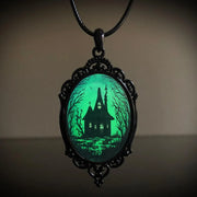 Gothic Horror Cameo Necklace Women Man Witch Jewelry Accessories Bat Castle Crow Black Cat Pumpkin Charm Rope Chain Choker Trend