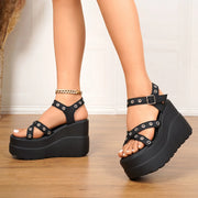Women Sandals Summer Open Toe Buckle High Heels Shoes Black Punk Gothic Platform Sandals Sexy Rivets Thick Heels Shoes for Women
