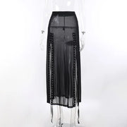 Harajuku Punk Black Hollow Out Skirt Y2K Goth Grunge Patchwork Eyelet Split Long Skirt Summer Sexy Night Club Skirt