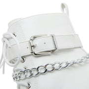 Gdgydh Women's Chain Decor Block Heeled Boots Fashion Lace Up Side Zipper Platform Boots Stylish Ankle Boots High Heels