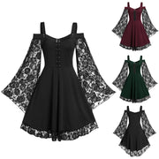 Gothic Punk Girls Midi Dress Sexy Lace Patchwork Long Flare Sleeve Dress Women Harajuku Cold Shoulder Strappy Halloween Sundress