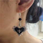 Gothic Style Cross, Heart, Rose Flower, Bow Knot, Thorn Pendant Black Beaded Y2K Hoop Earrings For Women