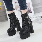 14CM Women Chunky Ankle Boots Leather cosplay Round Toe Platform Knight Boots Shoes High Heels Black White Thick Heel Lace Up