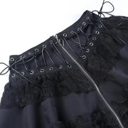 Black Women Punk High Waisted Goth Skirt Sexy Pleated Mini Skirt with Chain E Girl Lace-Up Tie PU Leather Corset Y2K Crop Tops