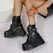 New Women's Pu Leather Ankle Boots Women Autumn Winter Round Toe Lace Up Shoes Woman Motorcycle Platform Botas Gothic Shoes