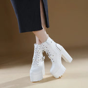 14CM Women Chunky Ankle Boots Leather cosplay Round Toe Platform Knight Boots Shoes High Heels Black White Thick Heel Lace Up