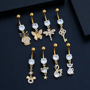 Elegant Dangled Belly Piercing Jewelry Fashion Dragonfly Owl Butterfly Shaped Curved Navel Rings Stainless Keys CZs Belly Ring